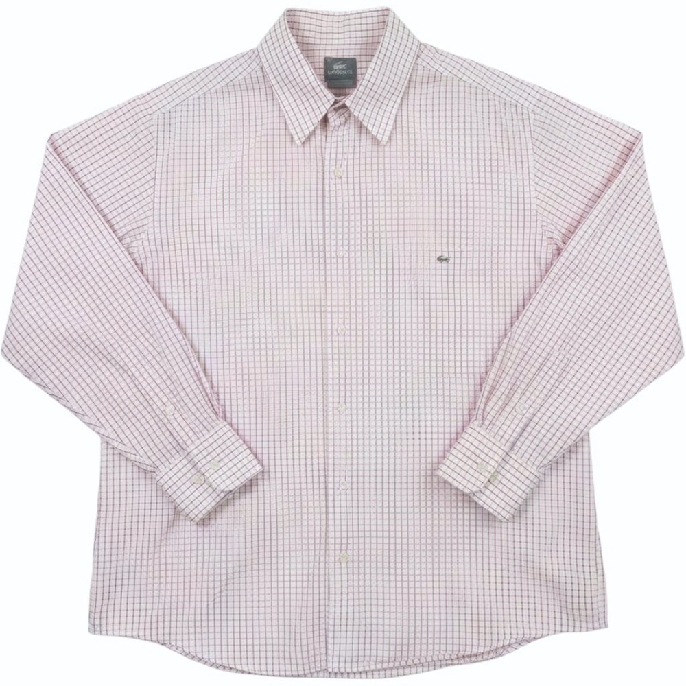 Lacoste Button Down Shirt Mens 46 2XL White Red Micro Check Long Sleeve Preppy